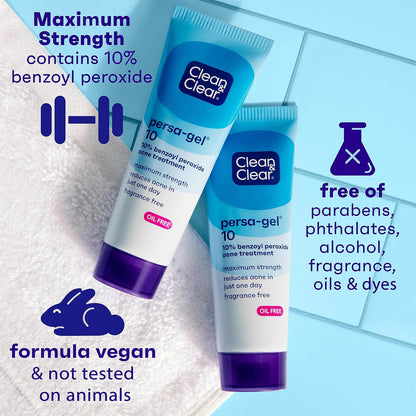 Persa-Gel 10 Oil-Free Acne Spot Treatment with Maximum Strength 10% Benzoyl Peroxide, Topical Pimple Cream Visibly Reduces Acne in One Day, Fragrance-Free, 1 Fl. Oz