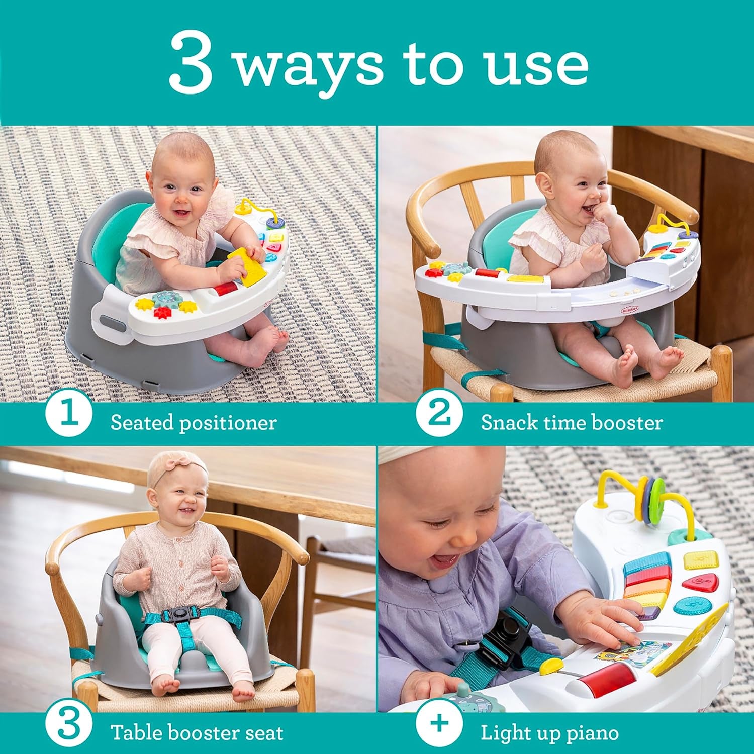 Music & Lights 3-In-1 Discovery Seat & Booster, Toddler Booster Seat for Dining Table or Kitchen Chair, Baby Activity Center & Snack Tray, Teal