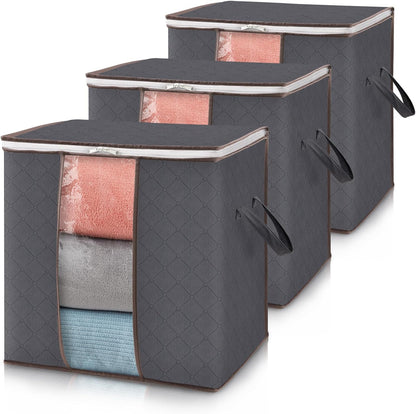 3 Pack 100L Clothes Storage Bins with Lids, Foldable Blanket Storage Bags with Zippers, Clear Window and Reinforced Handles, Closet and Organization for Clothing, Sweater, Comforter, Bedding