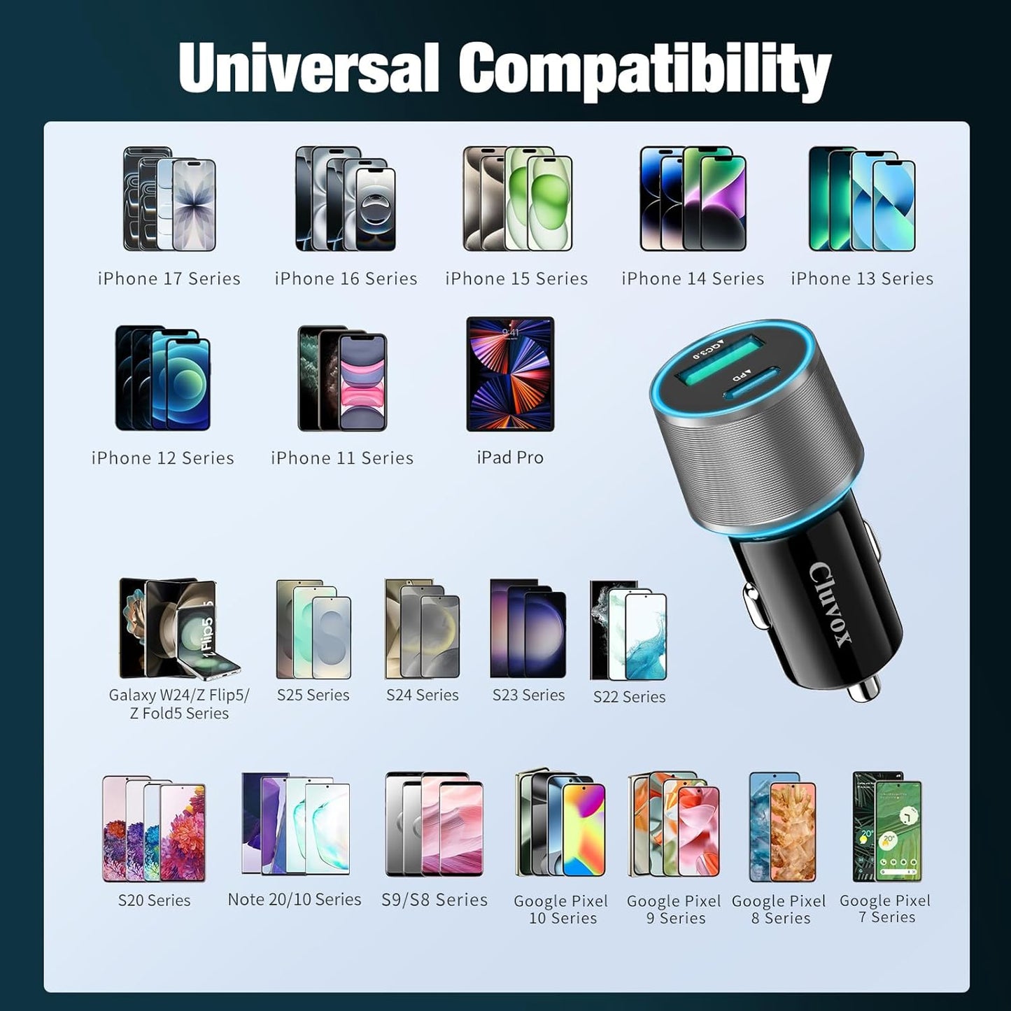 38W USB C Car Charger Adapter, 20W Fast USB-C & 18W Rapid QC3.0 Ports, 12V Cigarette Lighter Adapter for Iphone 17/16 /15, Google Pixel, Samsung, Android Phones Auto Accessories for Men - Gray