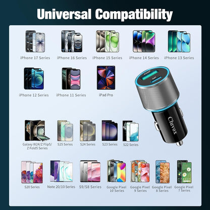 38W USB C Car Charger Adapter, 20W Fast USB-C & 18W Rapid QC3.0 Ports, 12V Cigarette Lighter Adapter for Iphone 17/16 /15, Google Pixel, Samsung, Android Phones Auto Accessories for Men - Gray