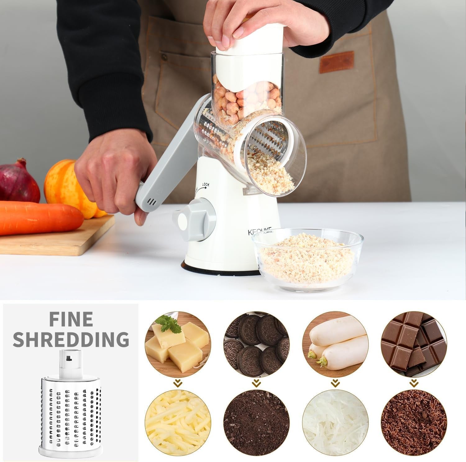 Rotary Cheese Grater Hand Crank Cheese Shredder for Fresh Cheese, Vegetable, Nuts,Non-Slip Suction Base, Free Cleaning Brush Three Blades, White